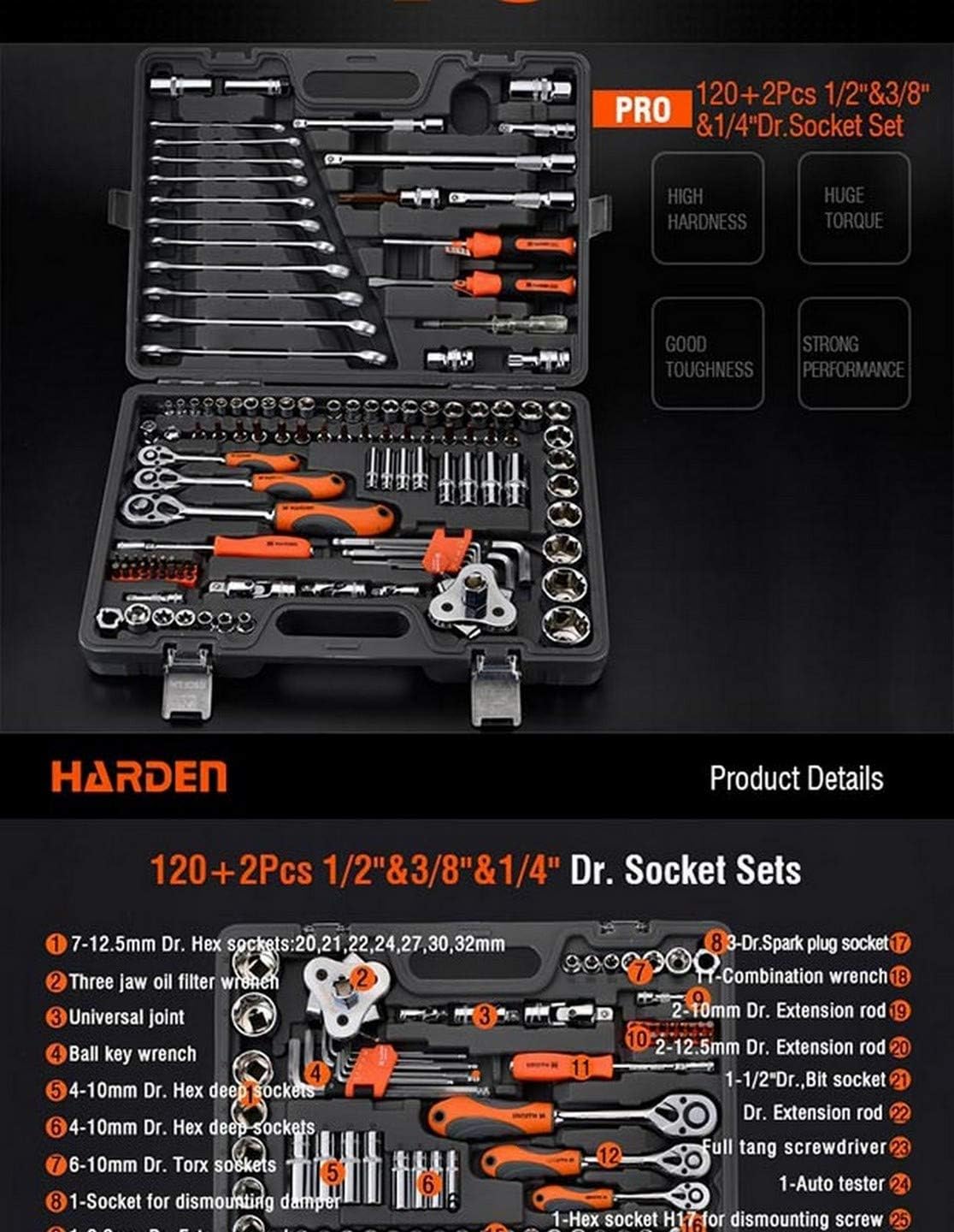 132 hissəli 1/2 və 3/8 və 1/4 düym drive başlıq (socket) dəsti  – HardenTools 510822